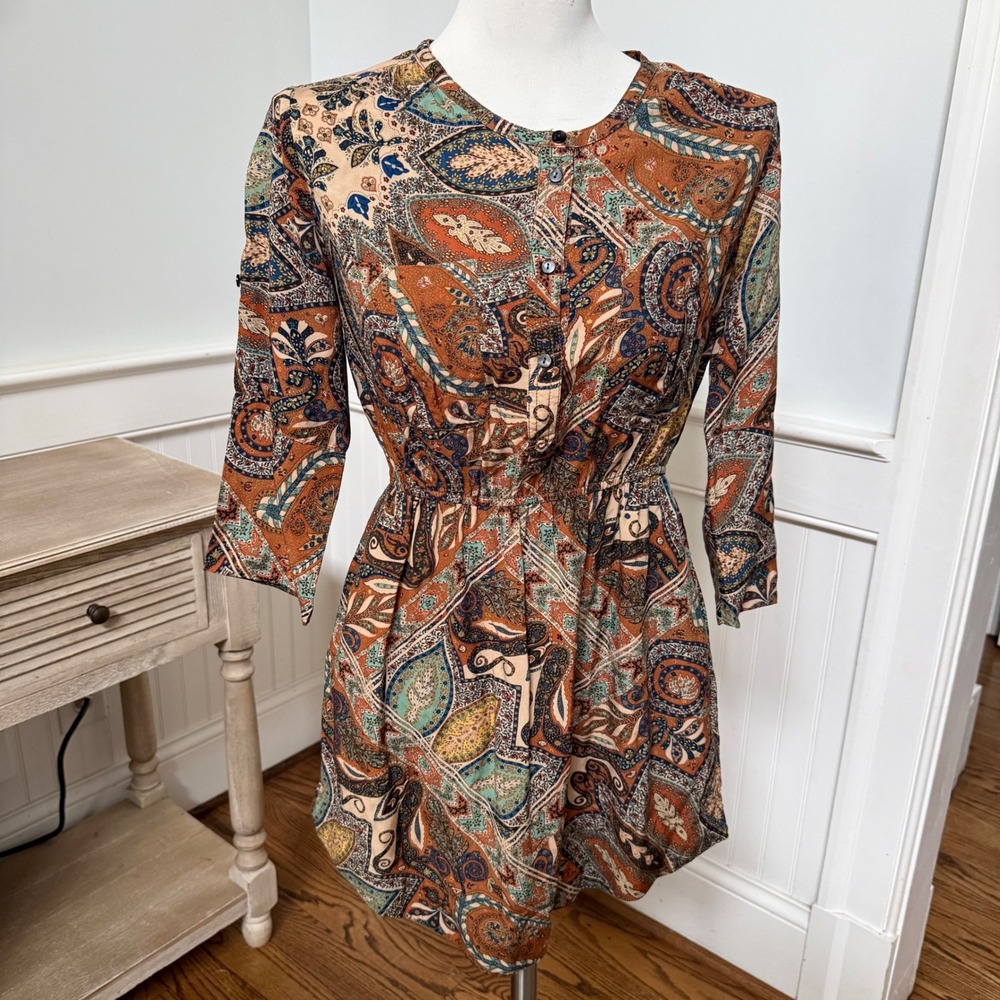HOLDING HORSES Multicolor Brown Mot Paisley Palette Boho Mini Dress Size 2